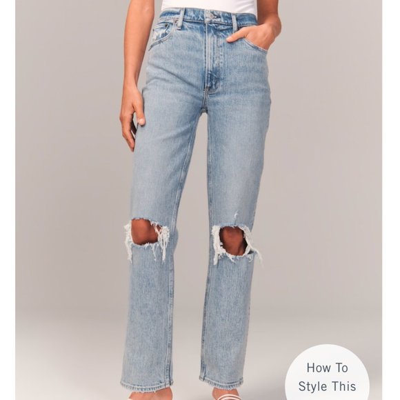Abercrombie & Fitch 90s Ultra High Rise Ripped Knees Straight Jeans - Picture 3 of 7